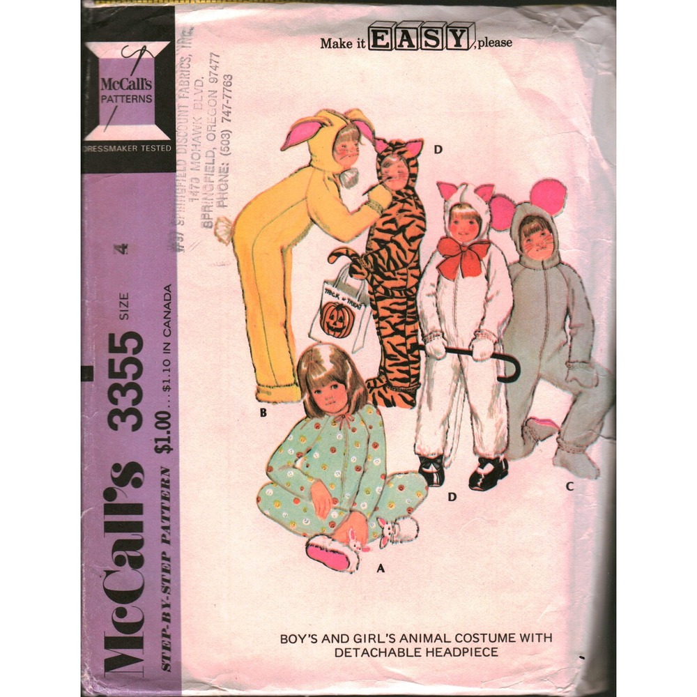 Vintage McCalls 3355 Kids Animal Costume Sewing Pattern Size 4 Bunny Cat Tiger